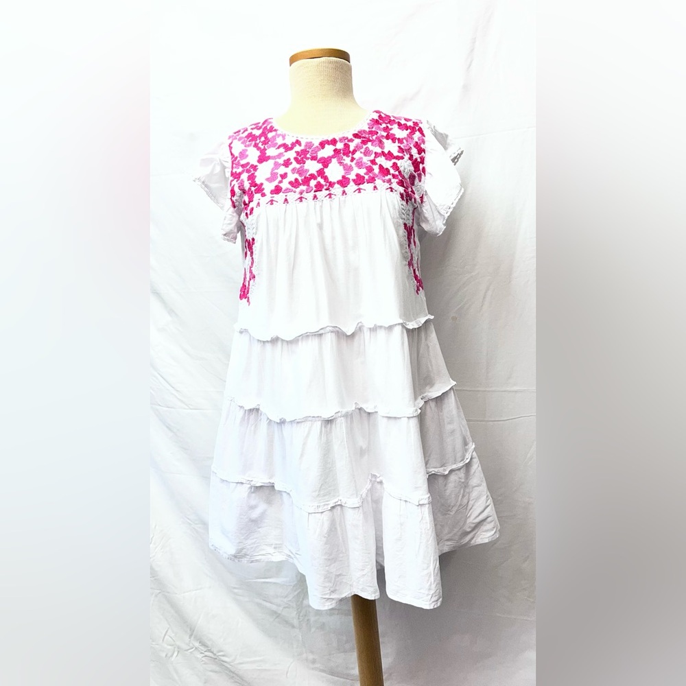 White Tiered women’s Dress with Pink Floral Embroidered Yoke